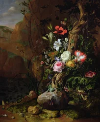 Boomstam omringd door bloemen, vlinders en dieren, 1685